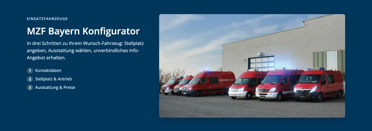 MZF Bayern configurator on hensel-fahrzeugbau.de: a three-step introduction above a row of red emergency vehicles