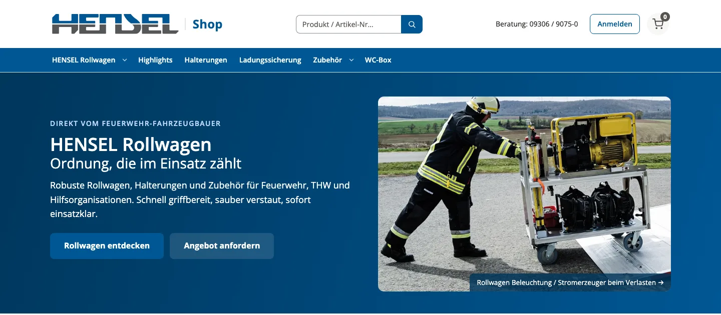Front page of the HENSEL webshop: header with product search, main navigation and a hero showing a firefighter loading a roll container