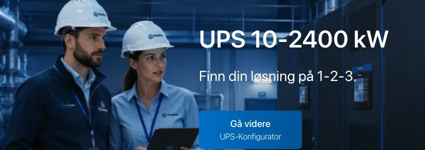 Makker&rsquo;s UPS configurator: two engineers in a data centre beside UPS cabinets, headed &ldquo;UPS 10&ndash;2400 kW&rdquo;
