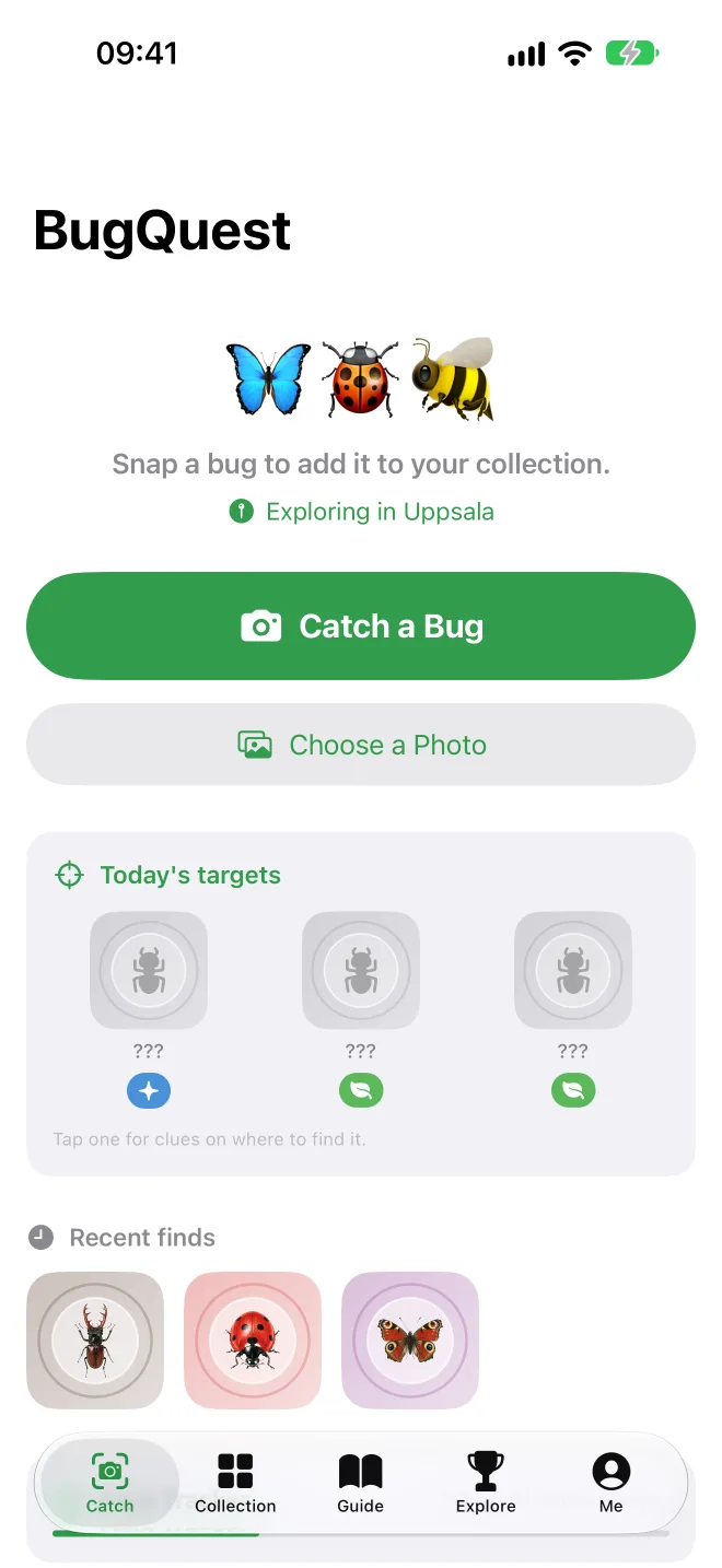 The Catch screen with the Catch a Bug button, three daily targets and recent finds