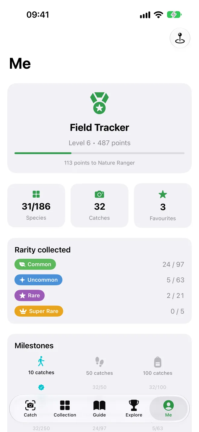 The Me screen with explorer rank, points, rarities collected and milestones