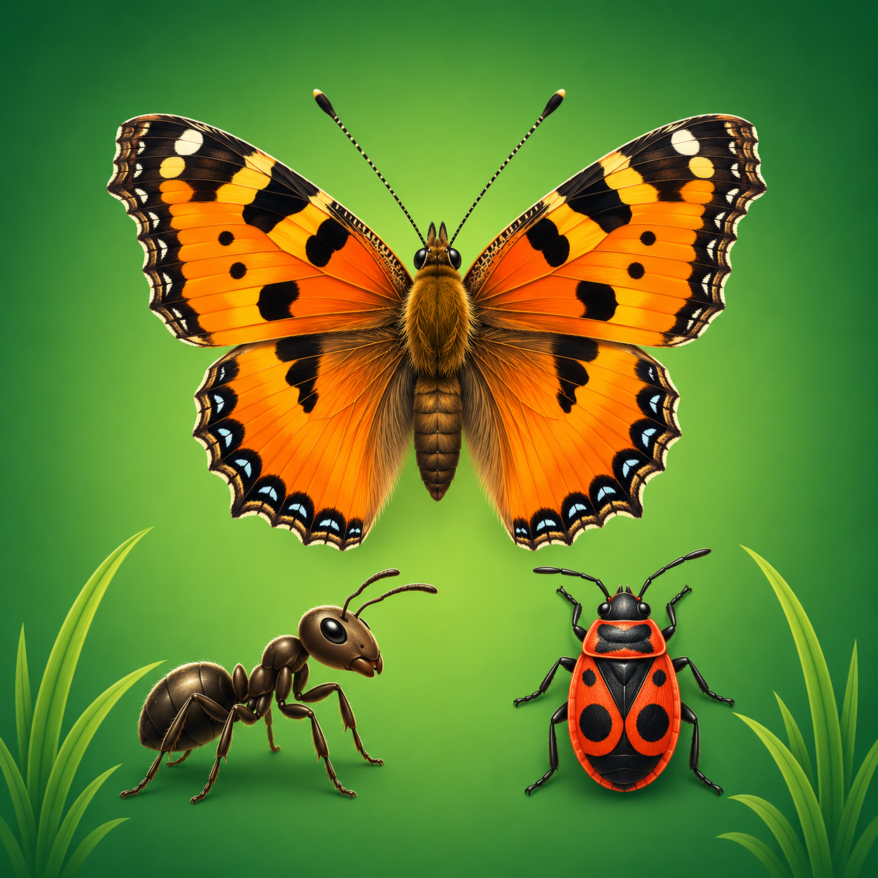 BugQuest app icon — a tortoiseshell butterfly, an ant and a firebug on green