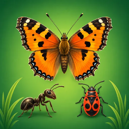 BugQuests appikon – en nässelfjäril, en myra och en eldlus mot grön bakgrund