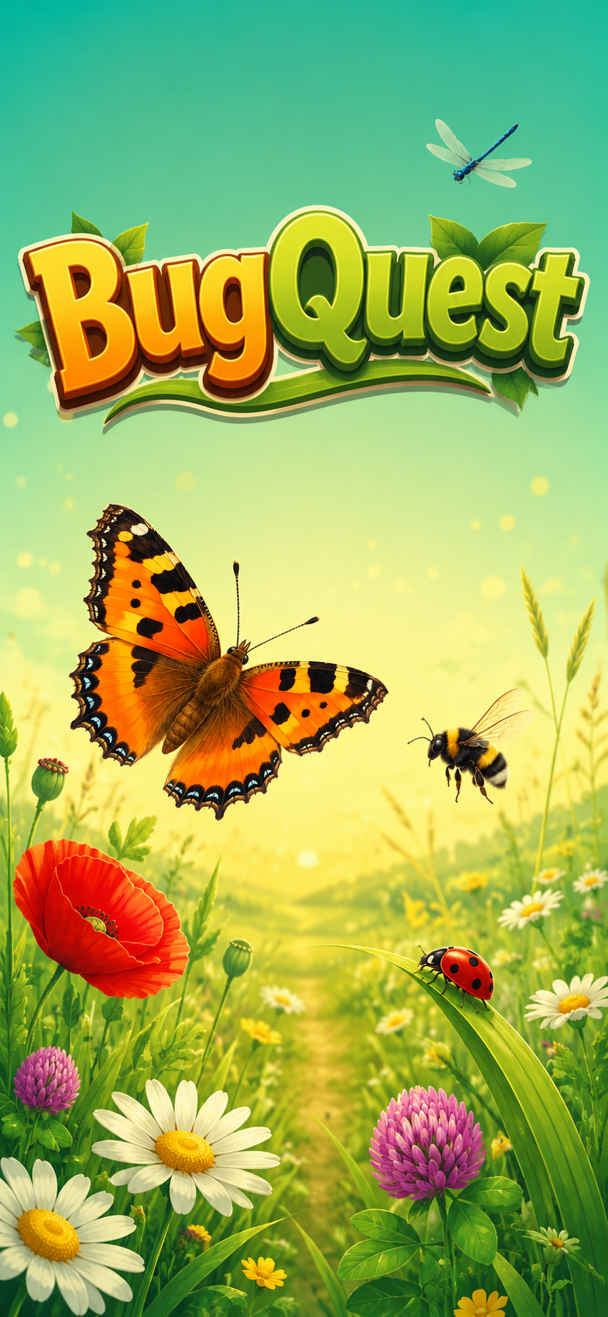 BugQuest welcome screen — a butterfly, bee and ladybird over a sunlit wildflower meadow