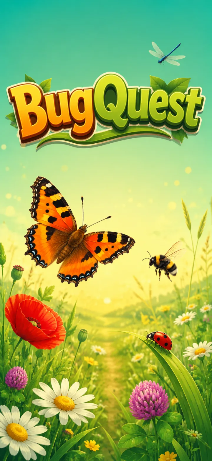 BugQuests startskärm – en fjäril, ett bi och en nyckelpiga över en solig blomsteräng