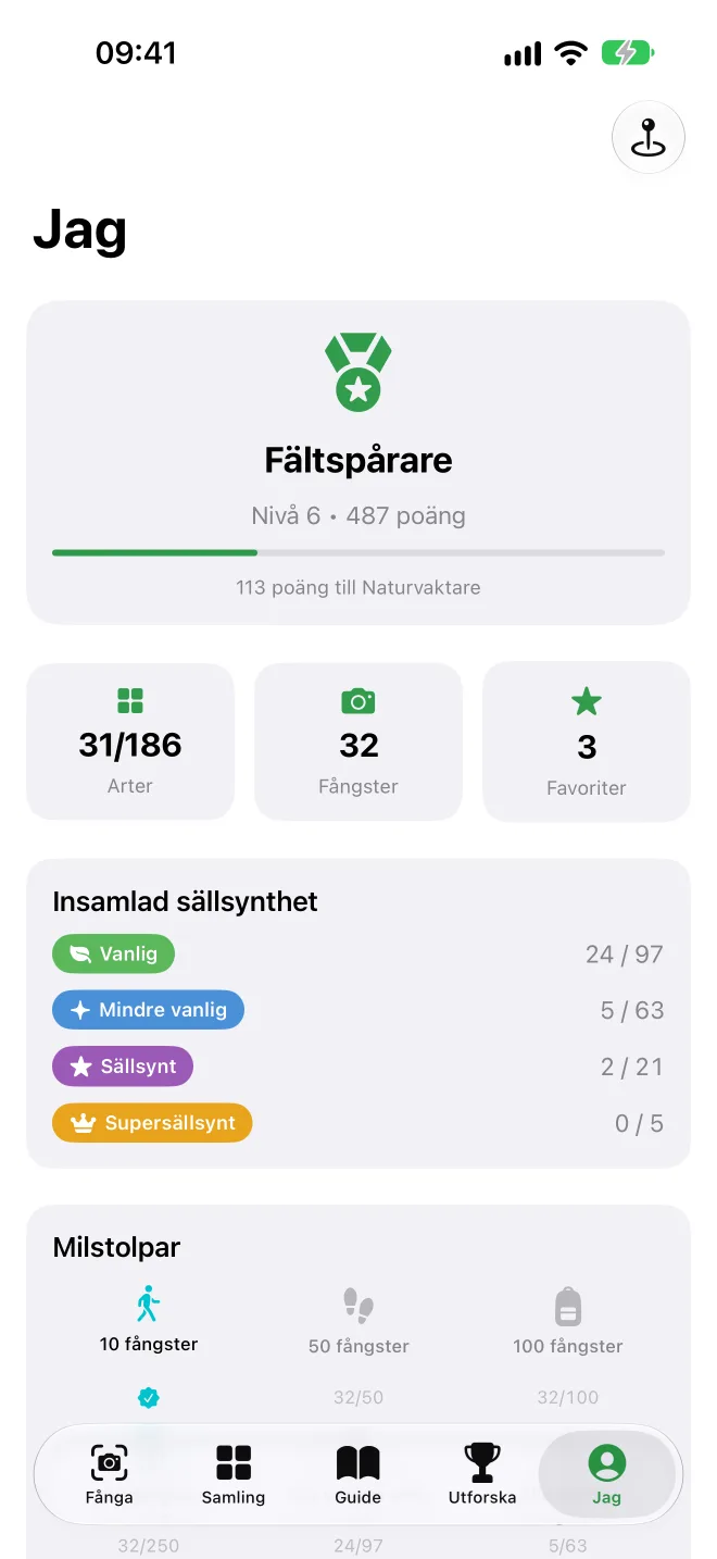 Jag-skärmen med upptäckargrad, poäng, insamlad sällsynthet och milstolpar