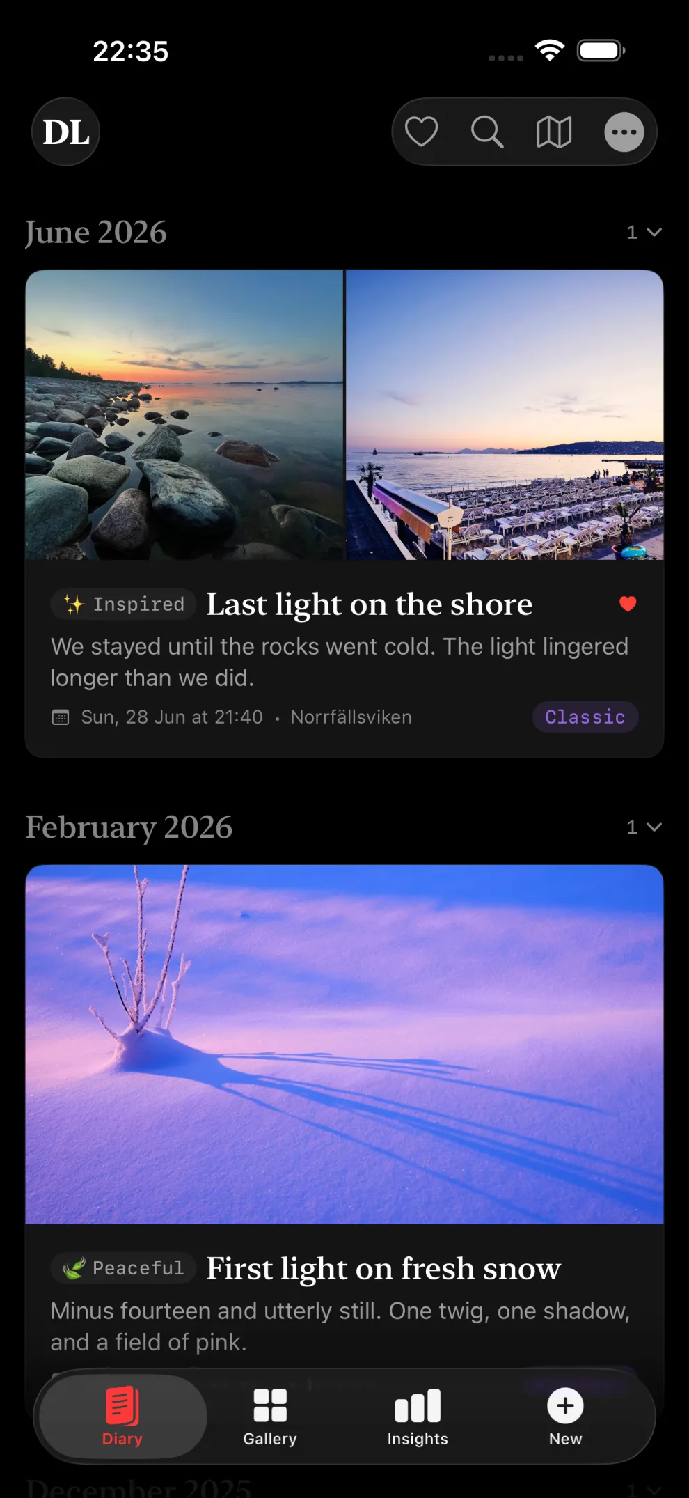 Diario di Luce Tagebuchansicht — On-This-Day-Erinnerungen über der Zeitleiste