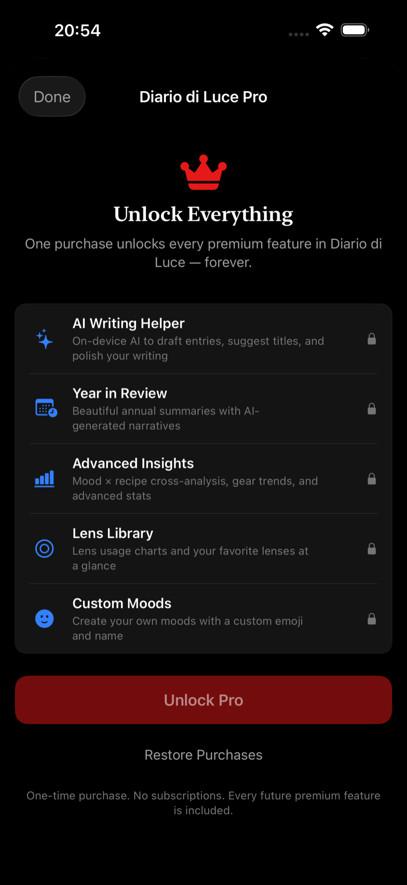 Diario di Luce Pro — one-time purchase unlocking every premium feature