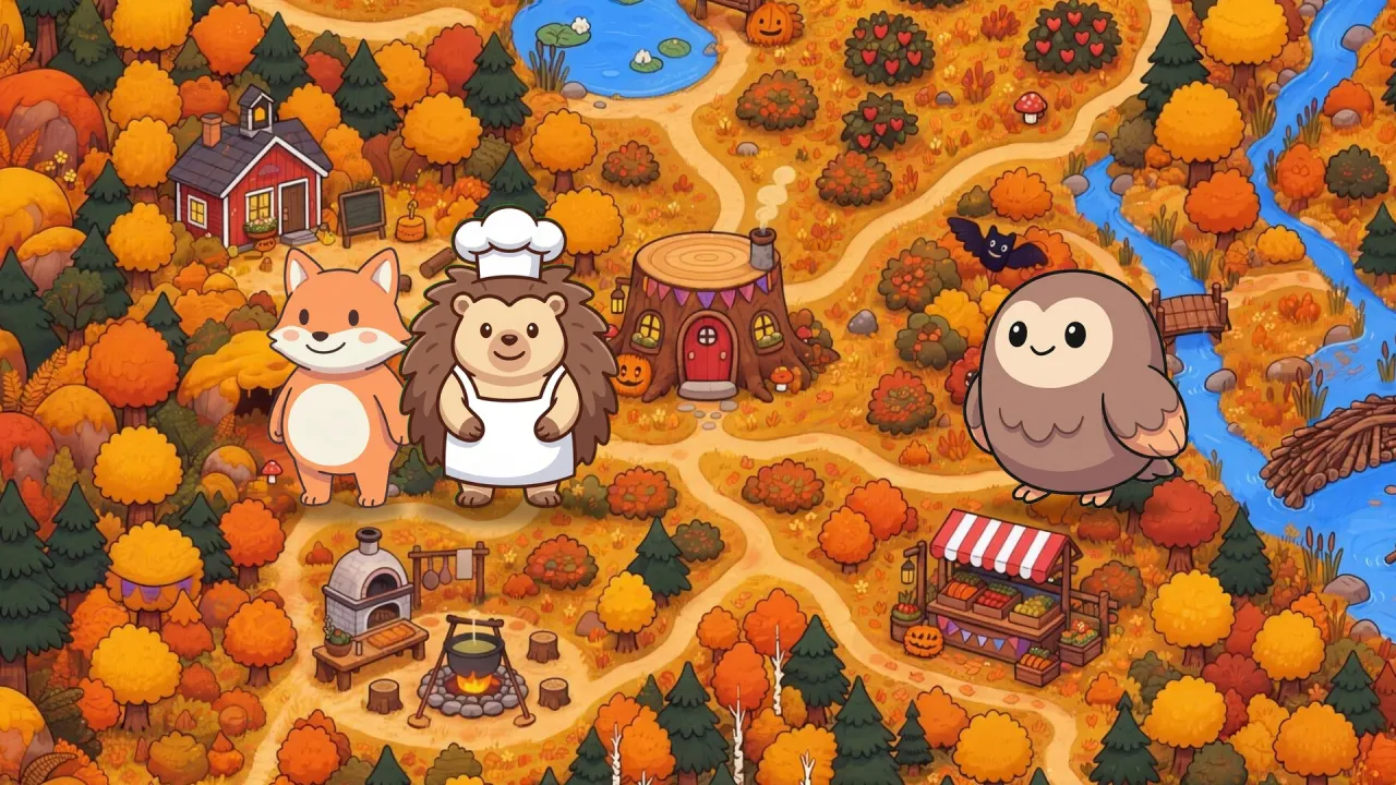 Die Halloween-Waldkarte in Herbstfarben — Igel Igge mit Kochmütze, mit einem Fuchs und einer Eule, Kürbisse am Baumstumpf und eine freundliche Fledermaus