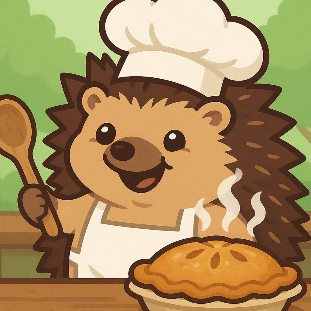 Forest Chef app icon — a hedgehog chef in a white hat holding a wooden spoon beside a steaming pie