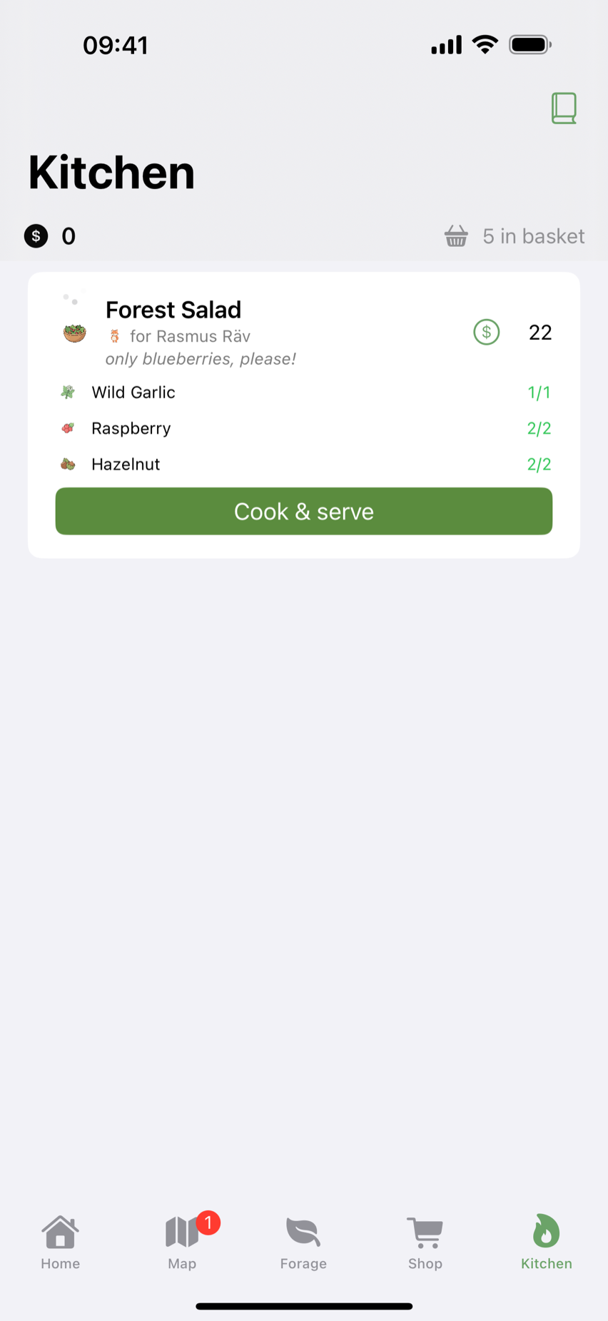 Köket med en Skogssallad redo att lagas och serveras