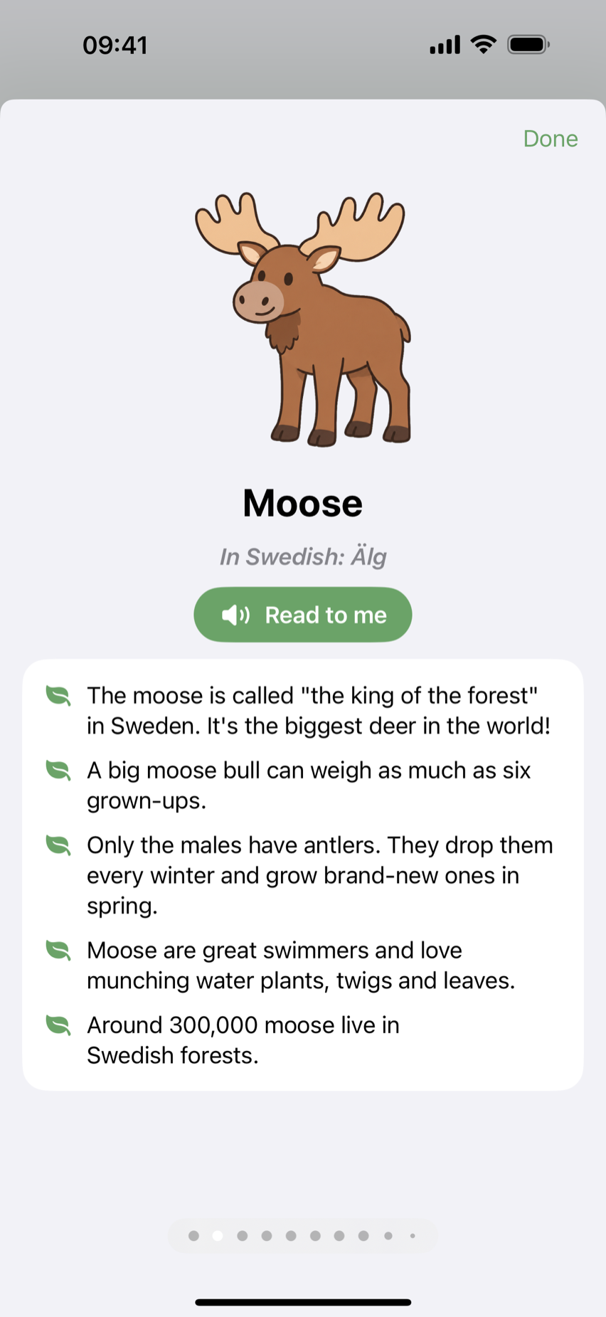 Ett kort i Skogsskolan om älgen, med fakta och en Läs för mig-knapp