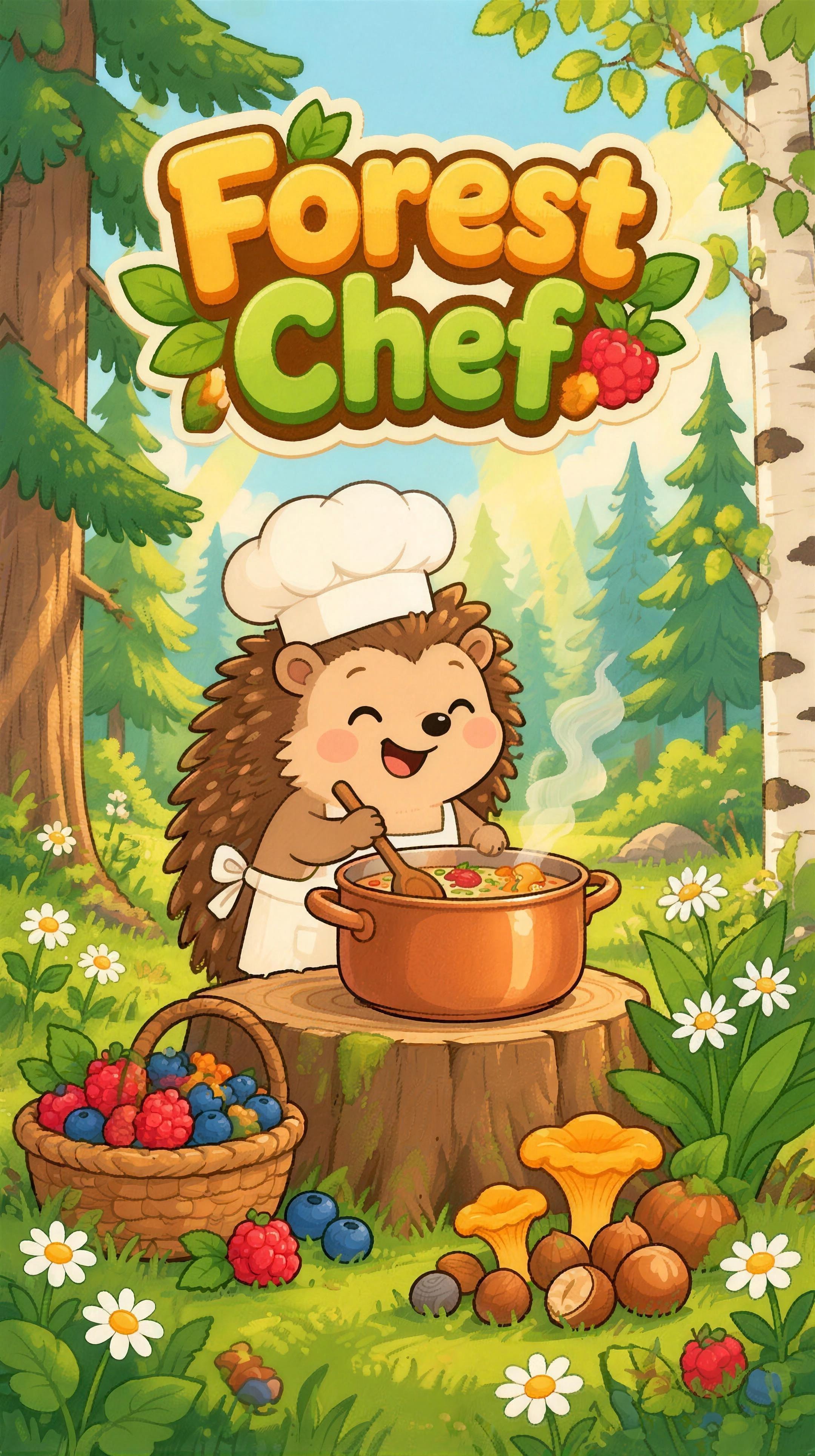 Forest Chef title art — Igge Igelkott the hedgehog in a chef's hat stirring a pot on a tree stump, with a basket of berries and chanterelles in a sunny forest