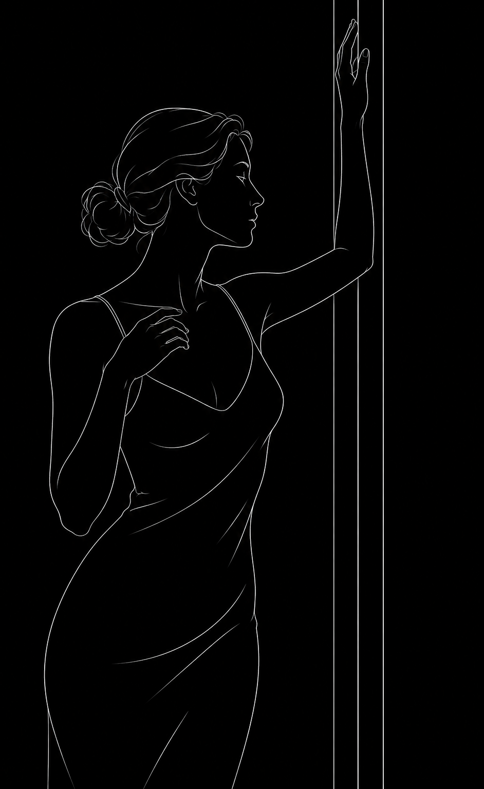 Forma di Luce — linjekonstfigur i linneklänning som blickar ut genom ett fönster