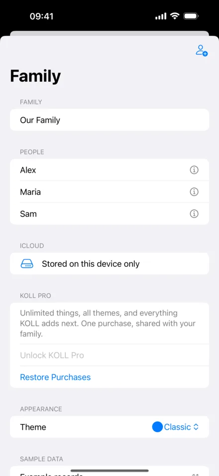 KOLL på iPhone: Familj-skärmen med familjens medlemmar, iCloud och KOLL Pro