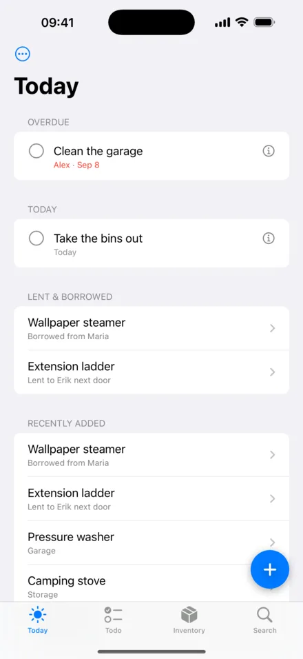 KOLL på iPhone: Idag-vyn med försenade uppgifter, dagens uppgifter och utlånade saker