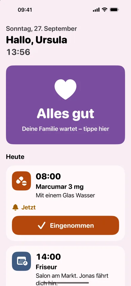Der Bildschirm der Seniorin im Farbschema Lila und Rosa