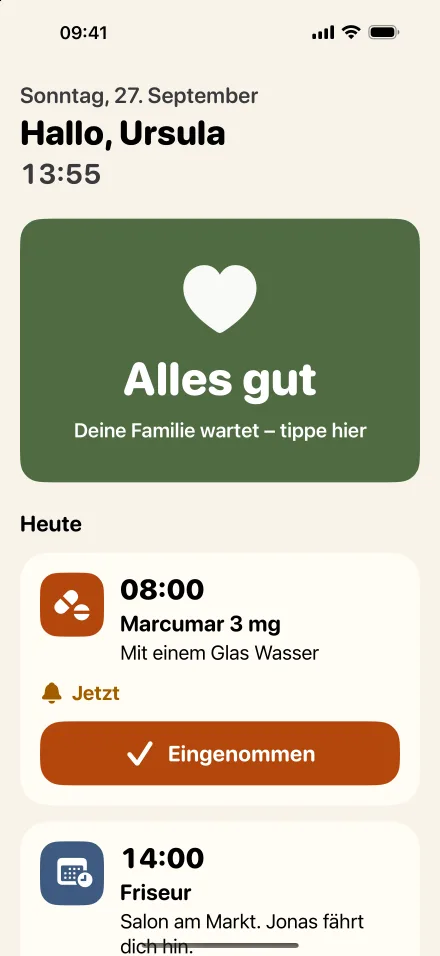 Nära auf dem iPhone der Seniorin: der große Alles-gut-Knopf, Anruf-Knöpfe und Neues von der Familie