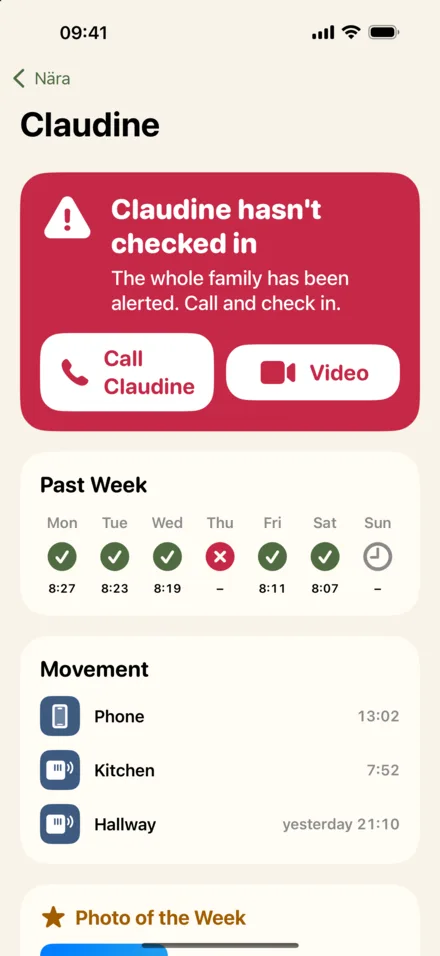 Nära on a family member's iPhone: today's status, last movement and the news feed