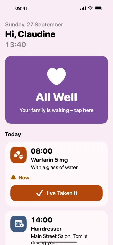 The senior's screen in the purple and pink colour theme