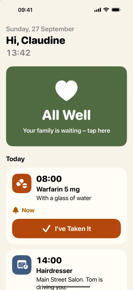 Nära on the senior's iPhone: the big All Well button, call buttons and news from the family