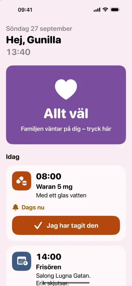 Seniorens skärm med färgtemat lila och rosa