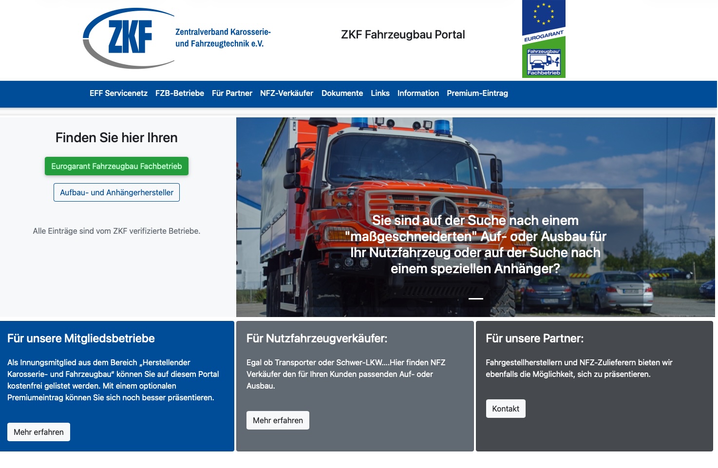 The Fahrzeugbau-Fachbetriebe.de portal — ZKF logo, Eurogarant seal and the search for verified vehicle-body specialists