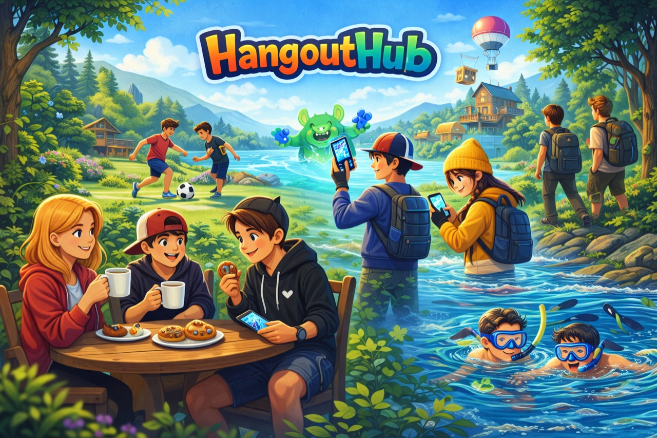 Colourful HangoutHub illustration — friends sharing a fika at a garden table, playing football, swimming and catching creatures on their phones by a lake