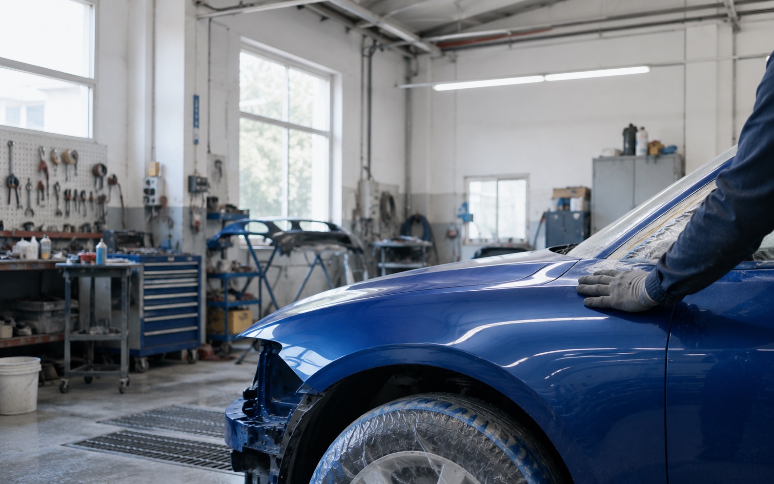 A freshly painted blue car in a bright body repair workshop, a technician's gloved hand resting on the bonnet