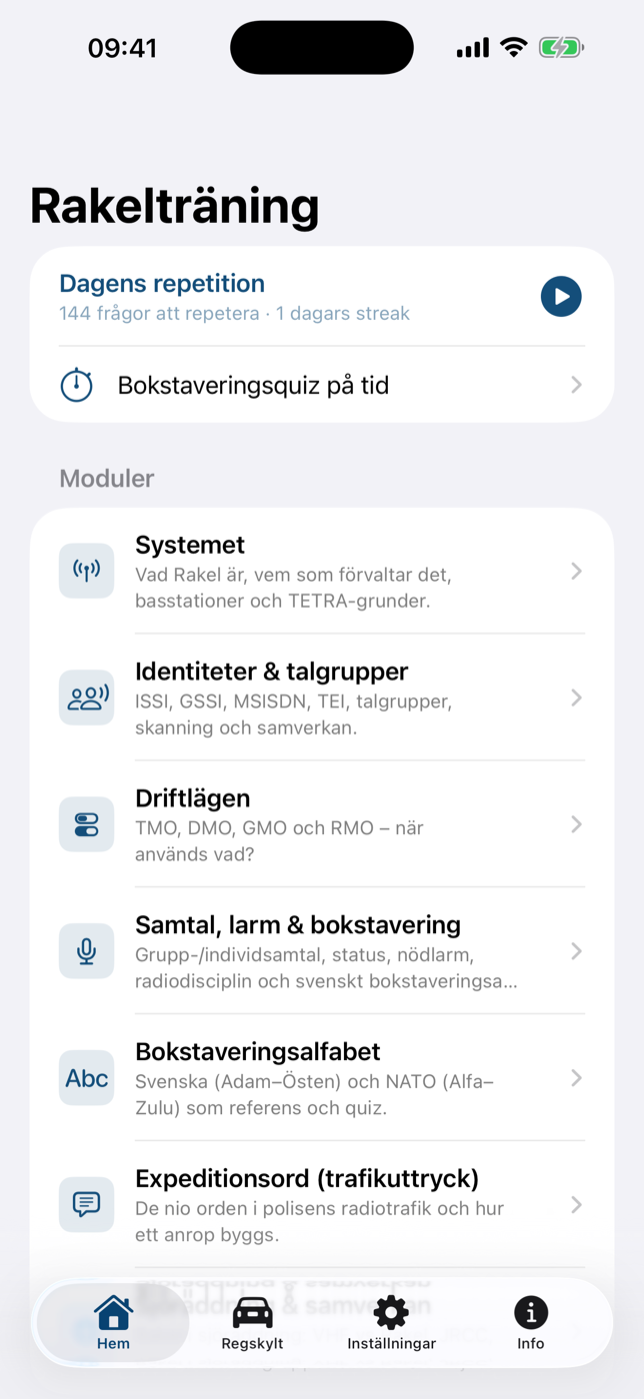 RAKELträning — the Home screen with today's revision and the list of modules