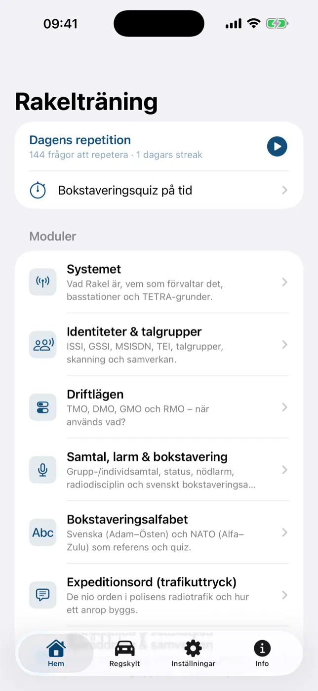 Hem – Dagens repetition och modullistan med behärskningsringar