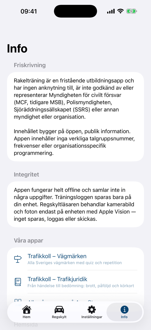 Info – friskrivning, integritet och våra andra appar