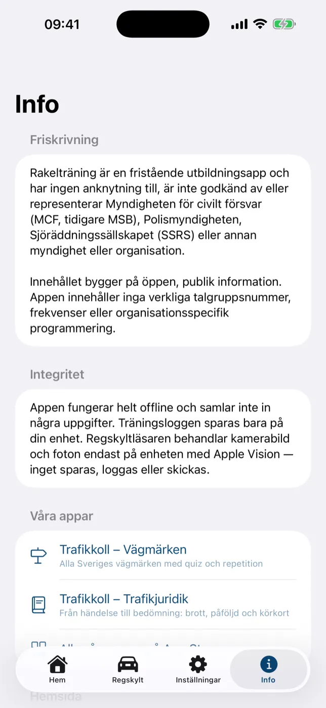 Info – friskrivning, integritet och våra andra appar