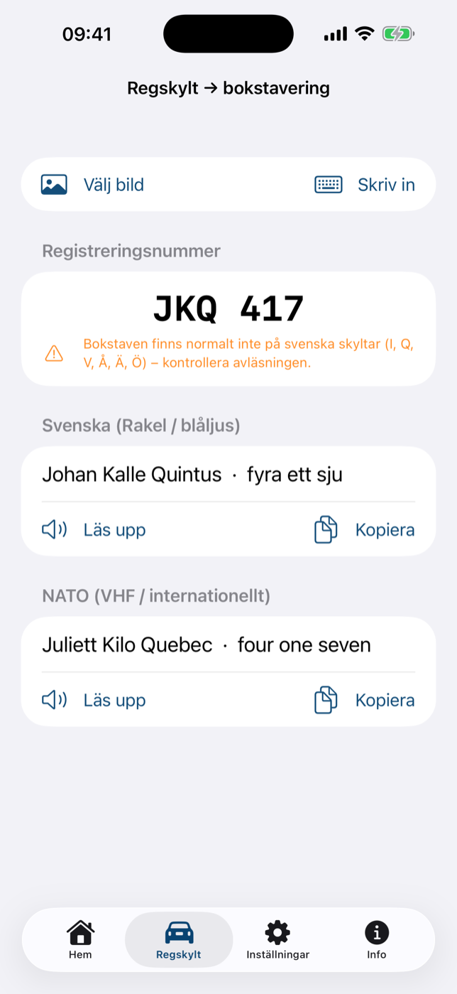 Regskylt → bokstavering – skylten bokstaverad på svenska och NATO med uppläsning