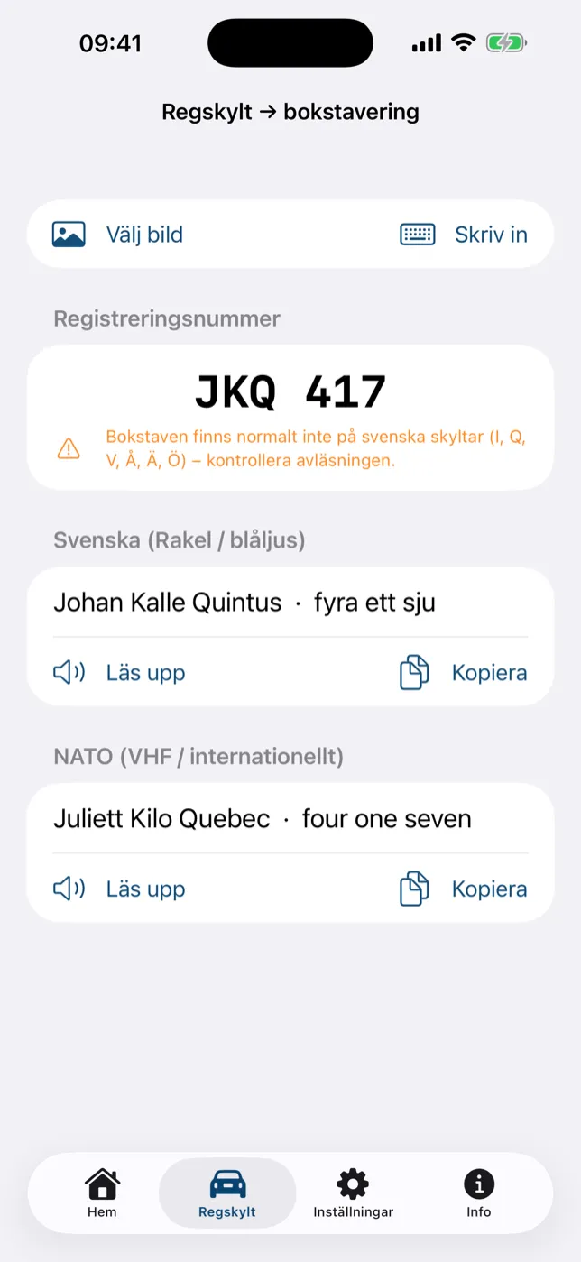 Regskylt → bokstavering – skylten bokstaverad på svenska och NATO med uppläsning