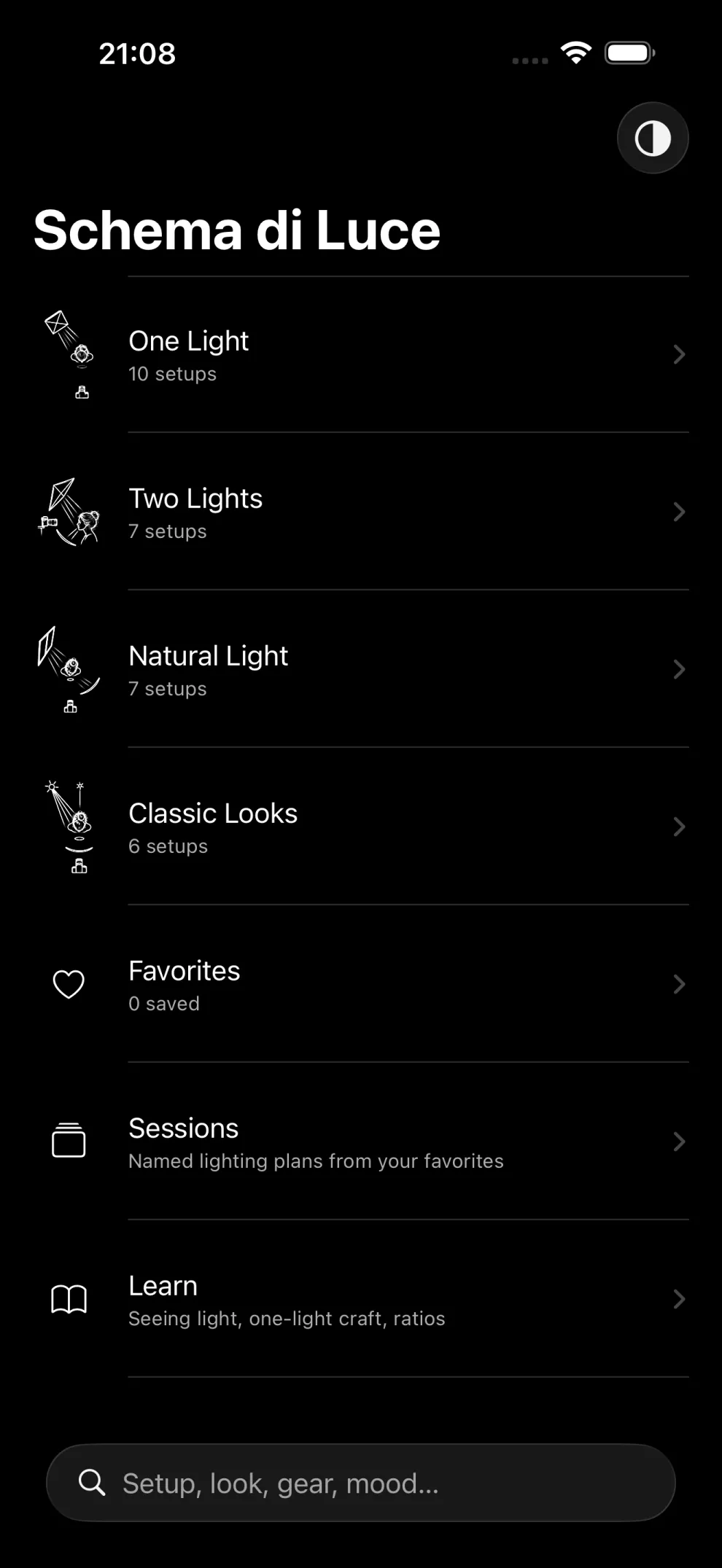 Schema di Luce — the home screen: One Light, Two Lights, Natural Light and Classic Looks sections
