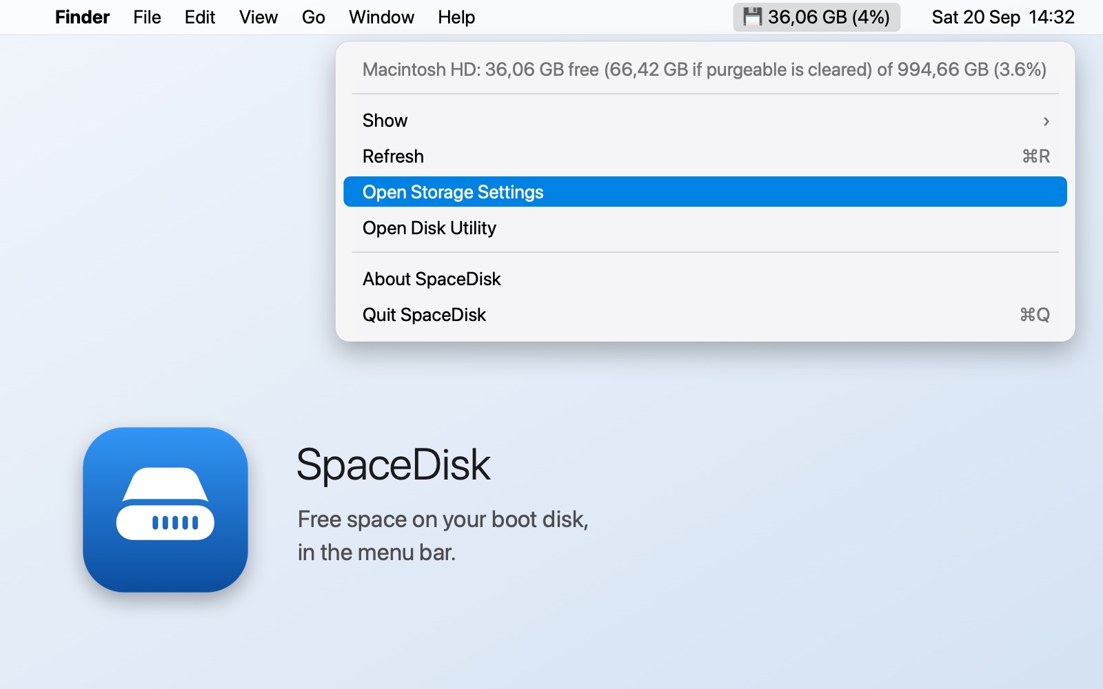 SpaceDisk in the macOS menu bar showing 36 GB free (4%), with its menu open: the strict free figure next to the figure you get if purgeable space is cleared, Show, Refresh, Open Storage Settings, Open Disk Utility, About and Quit