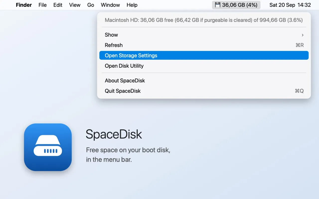 SpaceDisk in the macOS menu bar showing 36 GB free (4%), with its menu open: the strict free figure next to the figure you get if purgeable space is cleared, Show, Refresh, Open Storage Settings, Open Disk Utility, About and Quit