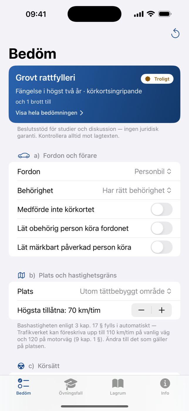 Bedöm – startsidan med det levande bedömningskortet som uppdateras medan händelsen fylls i