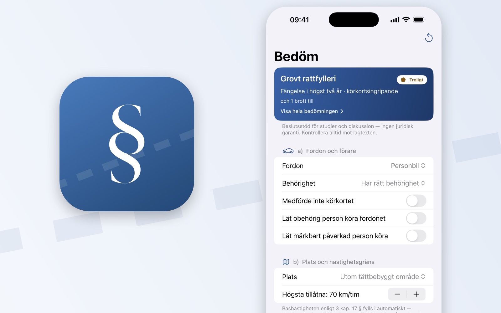 Trafikkoll – Trafikjuridik — the app icon, a section sign on traffic blue, next to the assessment screen