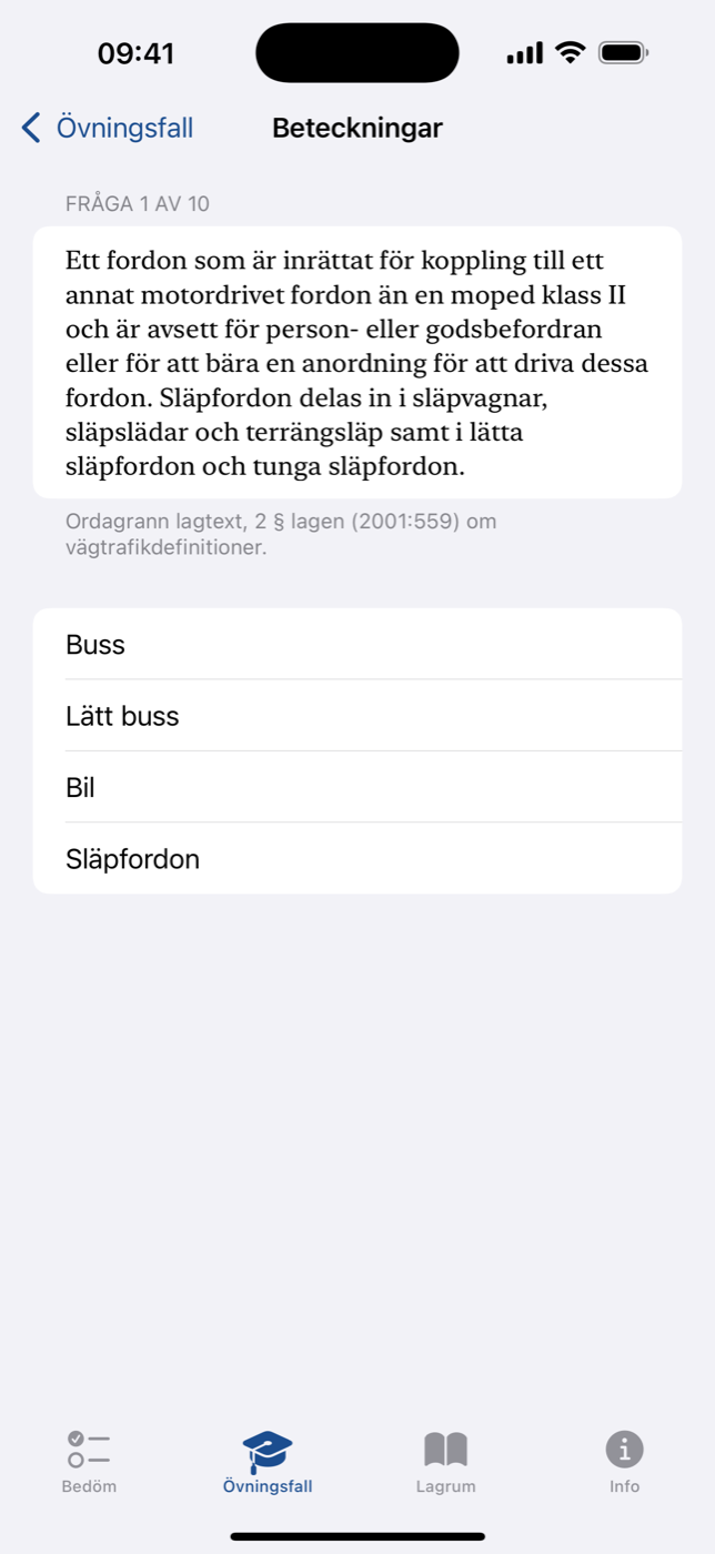 Uppslagsverket med sökning på lagrum, ledtext och belopp – här beteckningsquizet