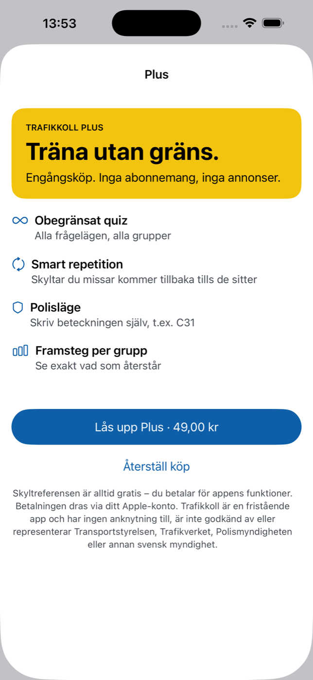 Trafikkoll Plus — träna utan gräns: obegränsat quiz, smart repetition, polisläge och framsteg per grupp, engångsköp 49 kr