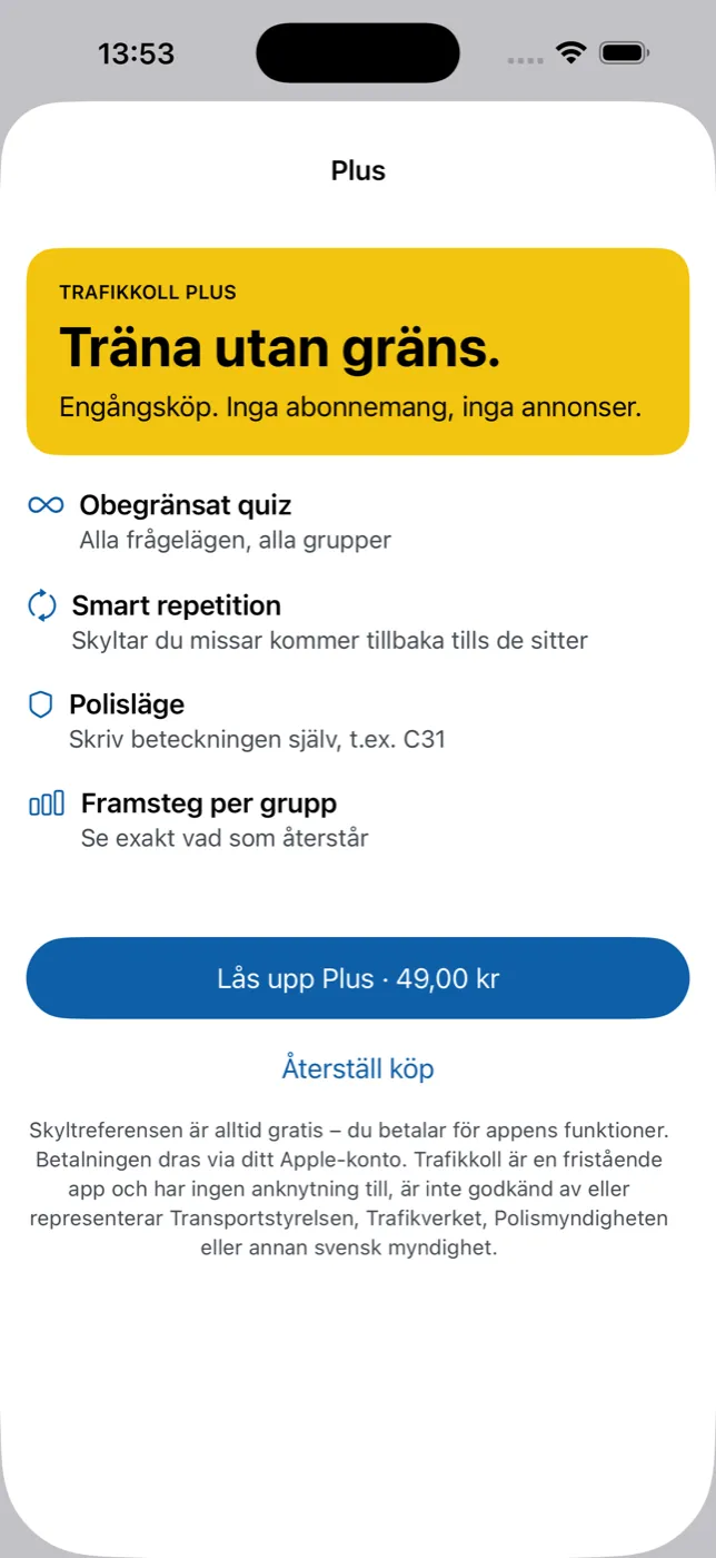 Trafikkoll Plus – träna utan gräns: obegränsat quiz, smart repetition, polisläge och framsteg per grupp, engångsköp 49 kr