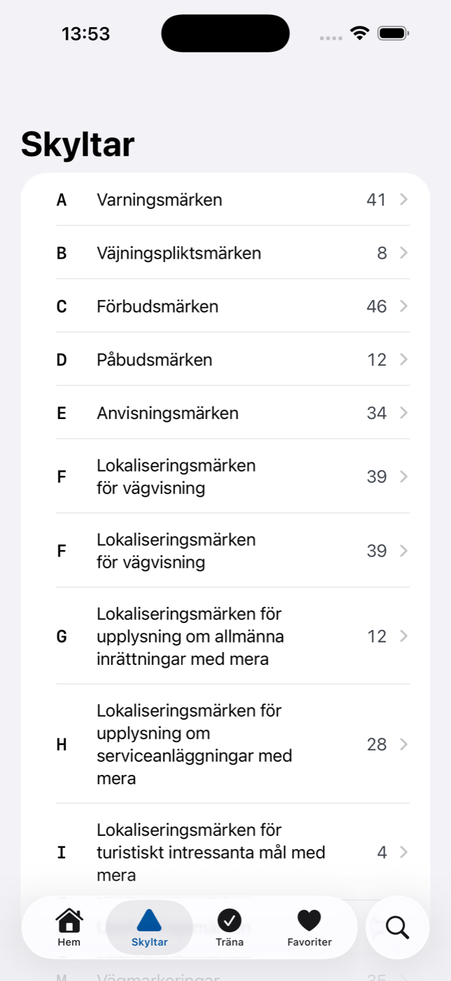 Skyltar — de 19 grupperna från varningsmärken till lokaliseringsmärken, med antal per grupp