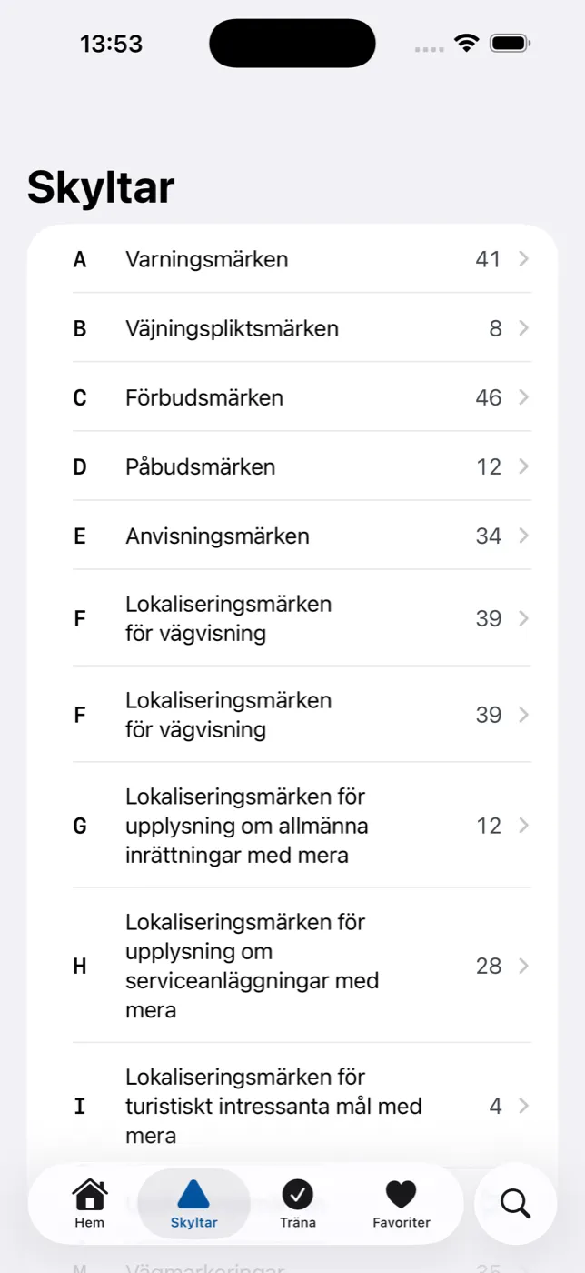 Skyltar – de 19 grupperna från varningsmärken till lokaliseringsmärken, med antal per grupp